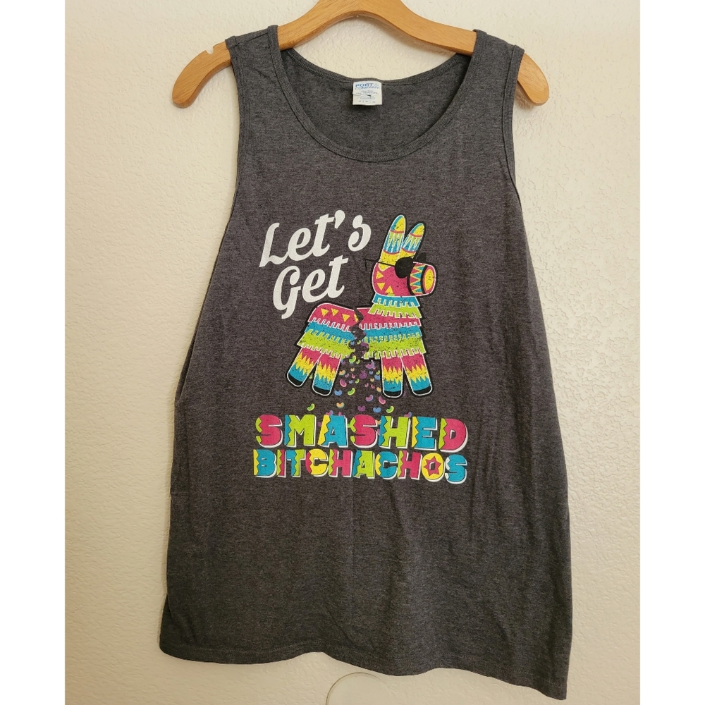 Mens sleveless tank with saying size M gray with vibrant colors